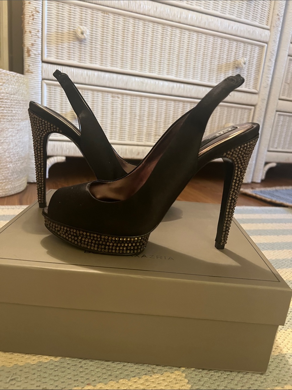BCBG Black Slingback Platform Heels with Crystal Detail